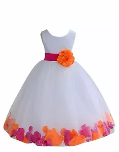 Wedding White Tulle Flower Girl Dress Mixed Rose Petals Recital Pageant Princess - Picture 1 of 13