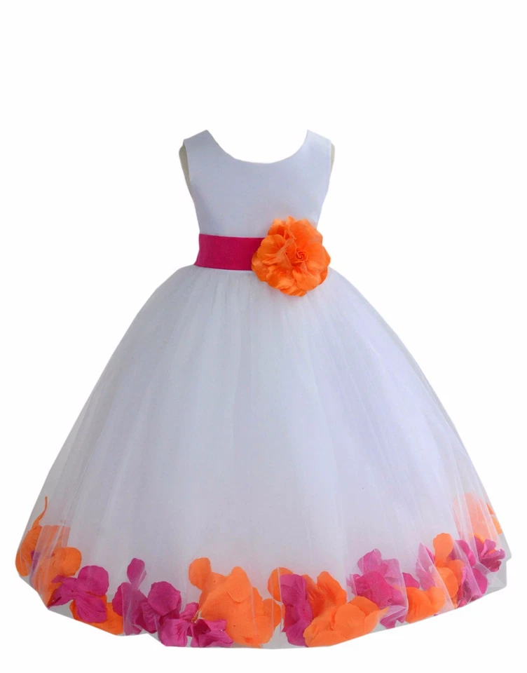Wedding White Tulle Flower Girl Dress Mixed Rose Petals Recital Pageant Princess - Image 1 of 1