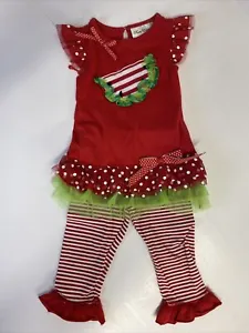 Rare Editions Girl Red/White WATERMELON Stripe/Dot Tiered Leggings Outfit 2T 24M - Picture 1 of 10