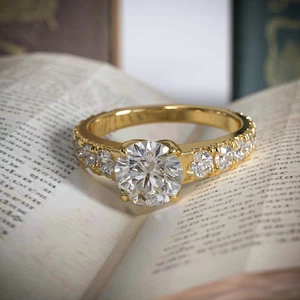 2 TCW Round Cut Lab Created Diamond Halo Engagement Ring 14k Yellow Gold Plated - Picture 1 of 16