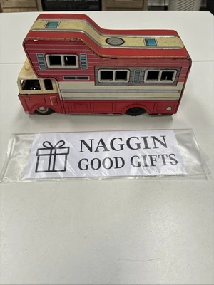 1950s Tin Litho Camper RV Toy Truck Vintage Japan Friction Drive Red Metal Toy - Image 1 of 4