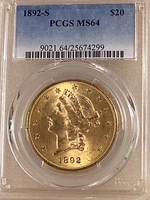 1892S $20 Gold Liberty Double Eagle PCGS MS 64 Foto 1 de 4