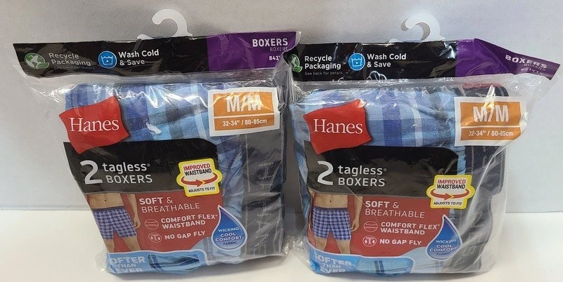 4 Hanes Comfort Flex Boxer Blue Plaids Cotton/Poly Blend Size M 32-34