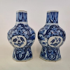 Antique Pair 18thC Delft Blue And White Vases Painted Flowers & Landscapes A/F - Picture 1 of 20