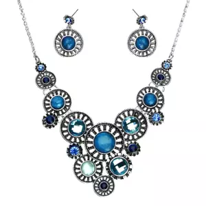 CLEARANCE BLUE & ANTIQUE SILVER BOHO CHUNKY FASHION NECKLACE JEWELRY SET* - Picture 1 of 3