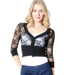 Fashion Secrets Juniors 3/4 Sleeve Smoked Lace Bolero Shrug Cardigan - Picture 1 of 9