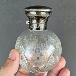 Antique Birmingham 925 Sterling Silver & Hand Cut Glass Perfume Bottle - Picture 1 of 16