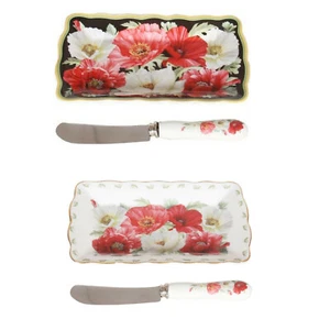 1x Cheese Platter w Knife Set Fine Bone China White Black Poppies POPPY Flower - Bild 1 von 3