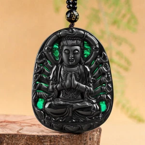 Natural Grade A Jade Jadeite Thousand-Hand Guanyin Jade and Ink Jade Pendant - Picture 1 of 8