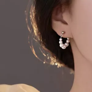 Surgical Steel Glass Pearls Stud Hoop Earrings - Picture 1 of 3