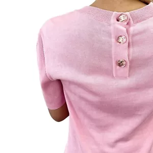 CHANEL Vintage CC Mark Logo Knit Top T-shirt #36 Pink Gold Cotton Button - Picture 1 of 12