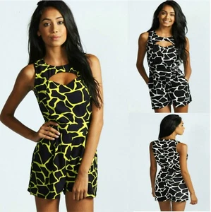 Sexy Amarillo Negro Mono Sin mangas Formal Club Pantalones Cortos Fiesta Chic Delgado 10 12 - Imagen 1 de 7