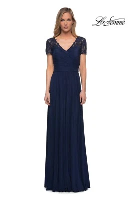 LA FEMME 29772 Navy Sheer Lace V-Neck Ruched Bodice Jersey Maxi Gown Dress 14 US - Image 1 of 4