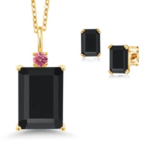 18K Yellow Gold Plated Silver Onyx and Fancy Pink Zirconia Pendant Necklace - Picture 1 of 3