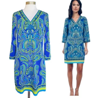 LAUNDRY Paisley Shift Dress Medium 3/4 Bell Sleeve Peacock Blue Green - Image 1 of 4