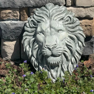 Concrete Lion Head Hanging Garden Plaque, 13.5”x10”, Lion Face Sculpture - Image 1 of 4