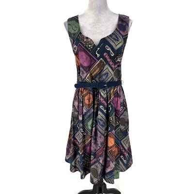 Vestido ModCloth para mujer XL geométrico algodón cremallera trasera ajuste y acampanado forrado con cinturón Foto 1 de 4