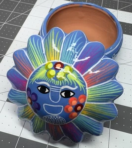 Handmade Mexican Talavera Pottery Lidded Trinket Box Sun Face Flower Blue Folk - Picture 1 of 9