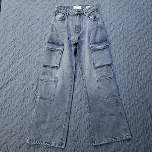 Cotton On Jeans Womens 2X30 Gray Cargo Wide Leg Jean Dark Wash American Denim - Picture 1 of 12