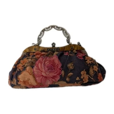 Bolso de mano vintage floral con cuentas mango de metal cierre abatible rojo azul dorado suave Foto 1 de 4