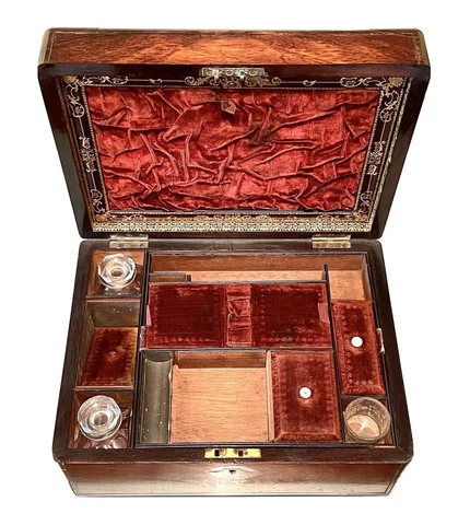 Vintave Antique 19C Perfume Bottles  Mahogany Fancy Vanity Make Up Set Box Old Cover