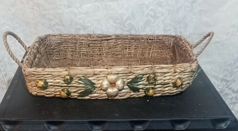 Boho Handmade Woven Wicker Rattan Basket Flower Pattern W/Handles Rectangular Cover