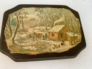 Placa de pared de madera decoupaged Currier & Ives vintage "Winter Homestead" 7"X5" - Imagen 1 de 3