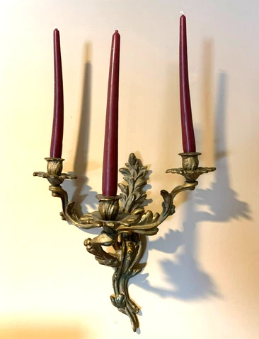 Antique BRONZE WALL SCONCE CANDELABRA Three Arm ROCOCO STYLE Scrolling Foliate Cover