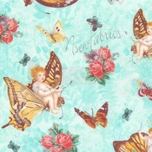 Fairy Angel Fabric Butterfly and Roses on Blue BTHY - Picture 1 of 2