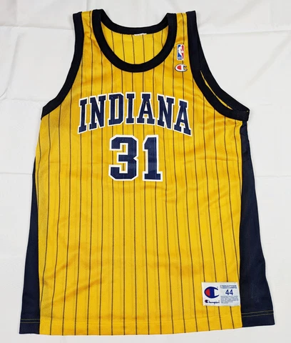 Vintage Champion Indiana Pacers Reggie Miller Jersey Mens Size 44 Large Yellow Cover