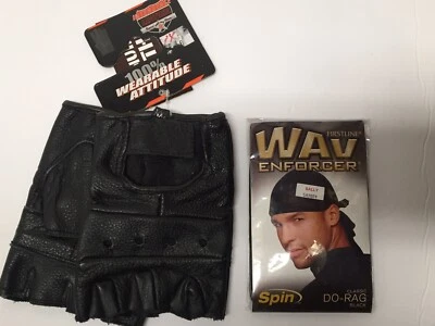 Interstate Sz Lg Black Leather Fingerless Gloves W/ Wav Enforcer Black Do- Rag - Image 1 of 3