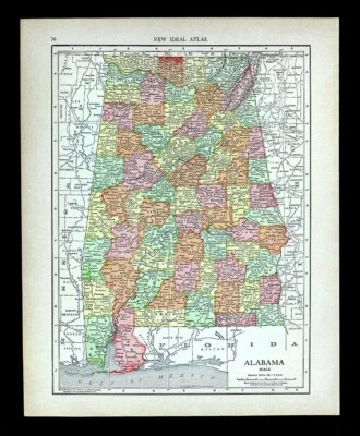 Mapa McNally 1912 Montgomery Birmingham móvil Huntsville Selma Florence Auburn Foto 1 de 3