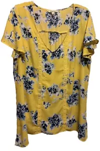 Pioneer Woman Blouse Size XXL Short Sleeve Tunic Yellow Floral Embroider Women’s - Picture 1 of 3