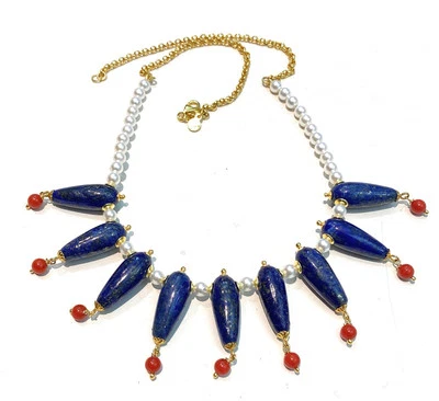 Collana Choker Lapislazzuli Perle Corallo Argento Sterling Pezzo Unico - Immagine 1 di 4