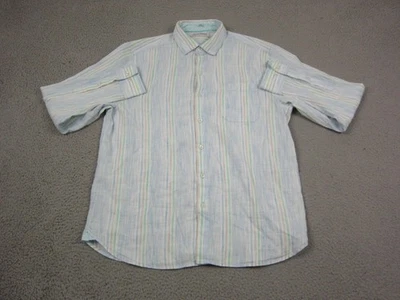 Tommy Bahama 衬衫男式大号蓝色条纹巴巴多斯微风亚麻纽扣 — 第 1/4 张图片