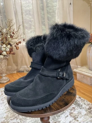 Botas de invierno Stuart Weitzman negras de gamuza media pantorrilla con ribete de piel talla 11M Foto 1 de 4