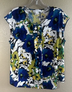 Liz Claiborne Career Damen Gr. L blau grün geblümt Kurzarm Bluse Top 3 - Bild 1 von 12