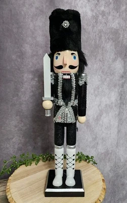 Black Silver Nutcracker King Guard Glitter Sequins Glam Wood 16" Christmas Fur - Image 1 of 4