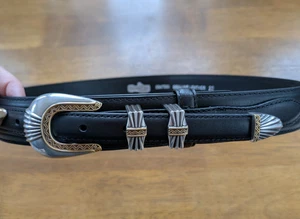 New Black Leather Belt Mixed Metal Buckle Southwestern Style 80s LA Goth Size 32 - Picture 1 of 8