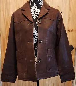 Cabela's Womens Brown Leather Tooled Trim Jacket Button Front Size M/L EUC - Picture 1 of 8