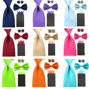 Men Solid Bowtie 8cm Necktie Pre-folded 4 Folds Hanky Pocket Square Cufflink Set - Picture 1 of 17