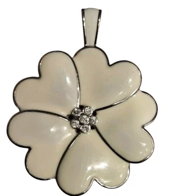 VTG LIA SOPHIA Floral Pendant Cream Enamel Lucky In Love Silver Tone Jewelry 2"L - Image 1 of 4