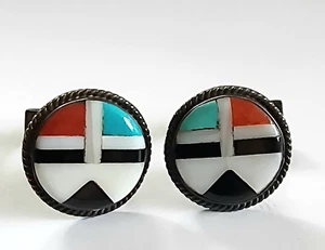 Zuni Sun Face Stone Inlay 925 Sterling Silver Cufflinks Vintage Native American - Picture 1 of 4