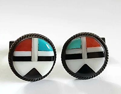 Zuni Sun Face Stone Inlay 925 Sterling Silver Cufflinks Vintage Native American - Image 1 of 4