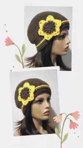 gehäkelte Handarbeit Damen Sonnenblumen Beanie Mütze gelb braun gelb - Bild 1 von 3