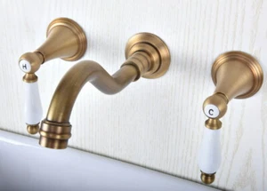 Antique Brass Wall Mount 3 Holes Bathroom Sink Faucet Dual Ceramic Knobs Tap - Bild 1 von 8