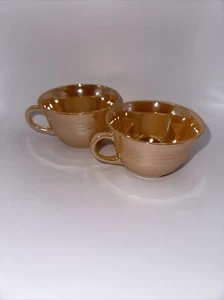 Set of 2 Fire King Tea Cups Coffee Cups Tri Band Peach Lustre Anchor Hocking - Picture 1 of 5