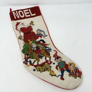 Vintage Needlepoint Christmas Stocking Noel Santa Reindeer Christmas Village - Picture 1 of 4