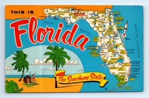 Florida The Sunshine State Tourism Map Beach Palm Trees Chrome Postcard c.1965 - Picture 1 of 2