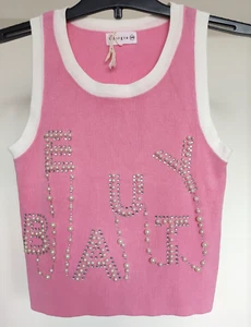 Camiseta sin mangas recortada rosa Giorgia para damas, ribete blanco, detalle de cuentas y piedra - talla S/M - Imagen 1 de 9